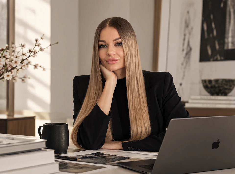 Anita Kossareva, Founder and Creative Director of ASFARI, seated at her desk