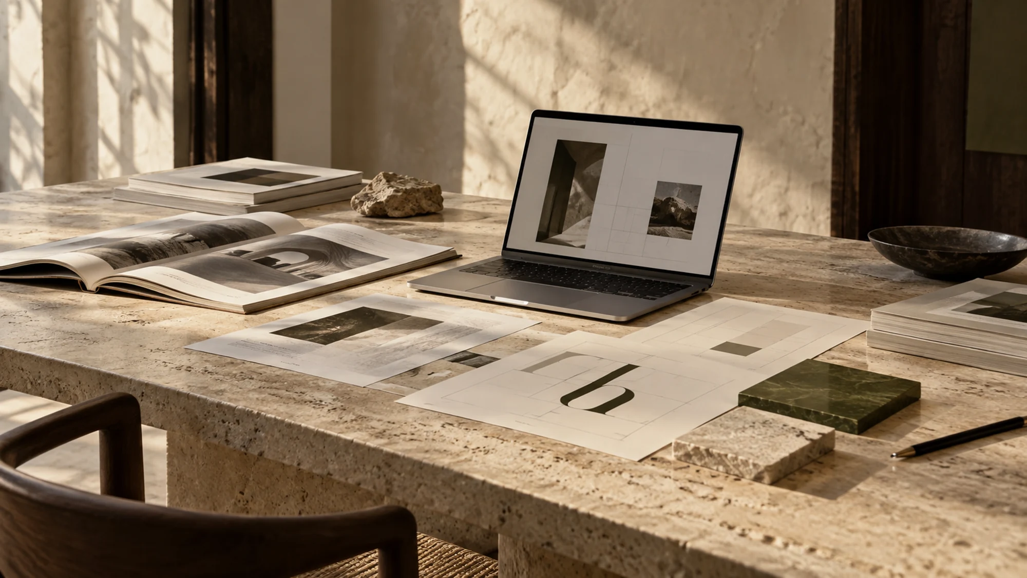Typography books, material samples and digital layouts on an editorial workspace
